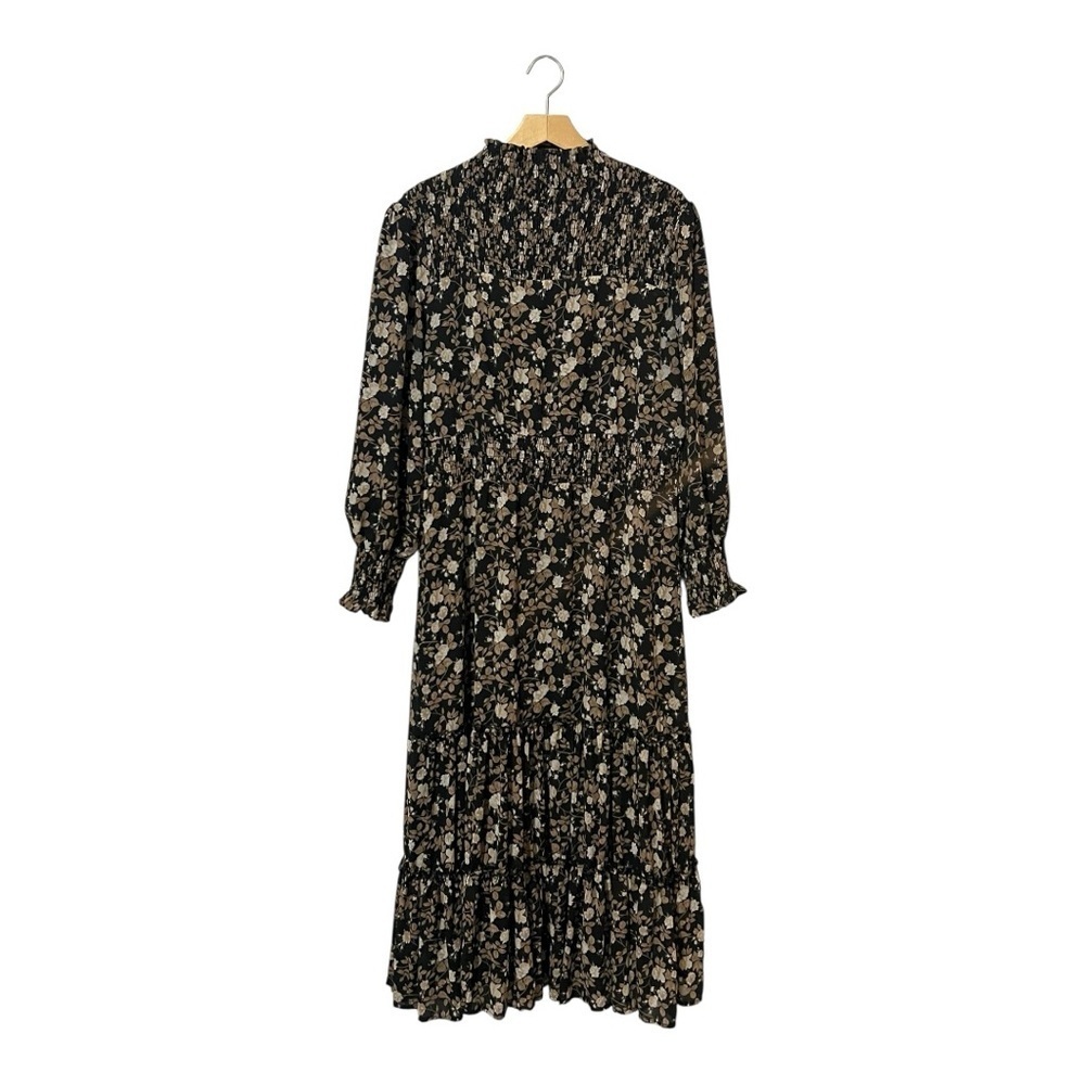 Bliss Floral Long Sleeve Dress Modest Size Large Maxi Black Brown Smocked